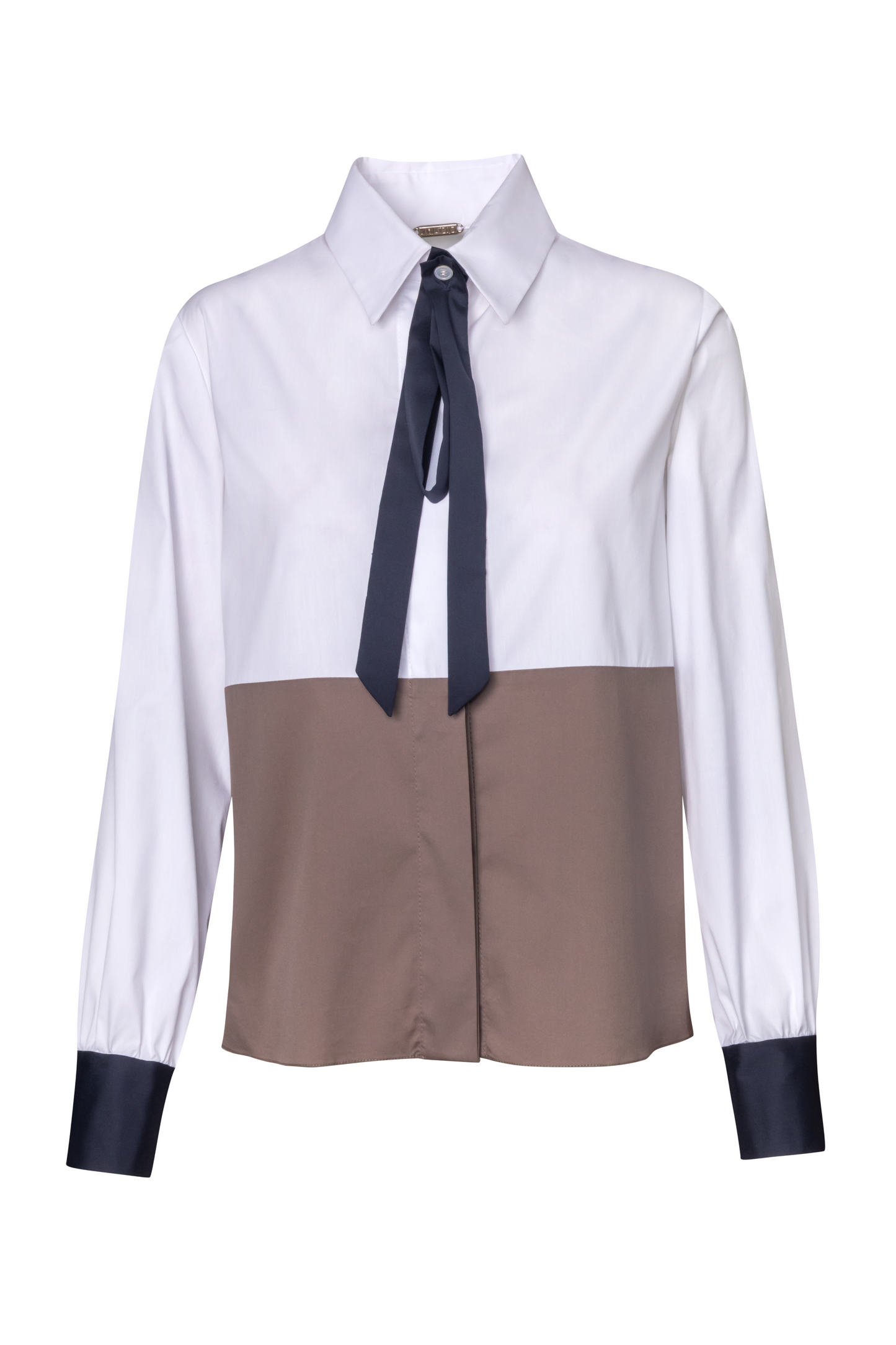 Product still of the Amelia Toro Two-Tone Tailored Shirt in white/tabaco on a white background