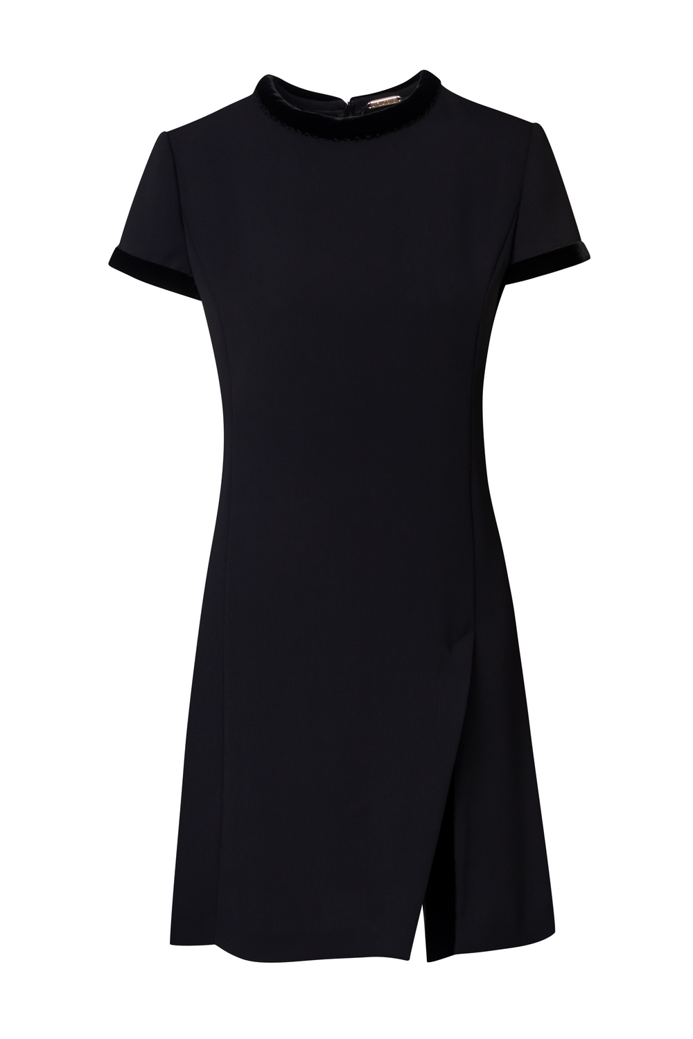 Product still of the Amelia Toro Velvet-Trimmed Little Black Dress in black on a white background