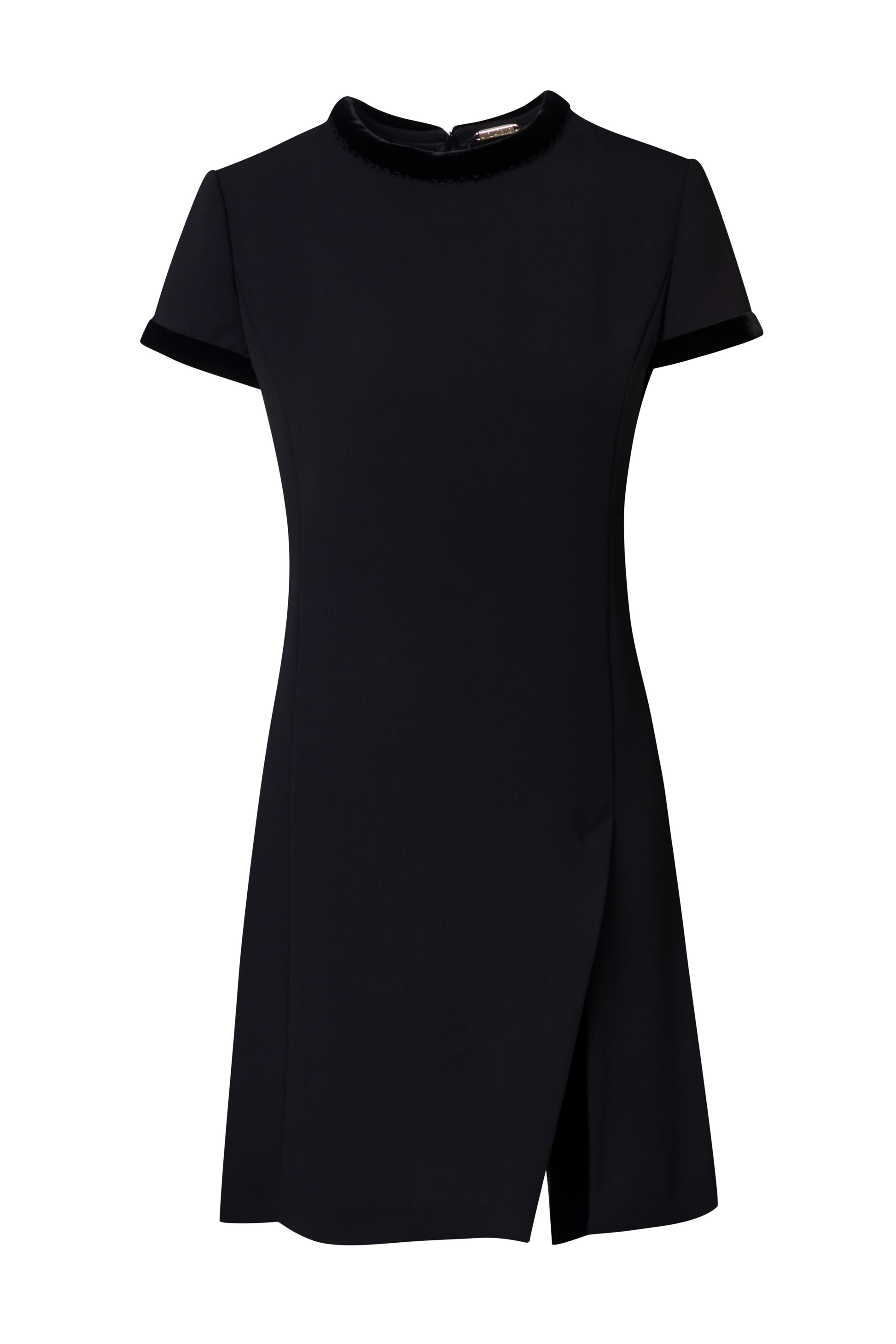 Product still of the Amelia Toro Velvet-Trimmed Little Black Dress in black on a white background