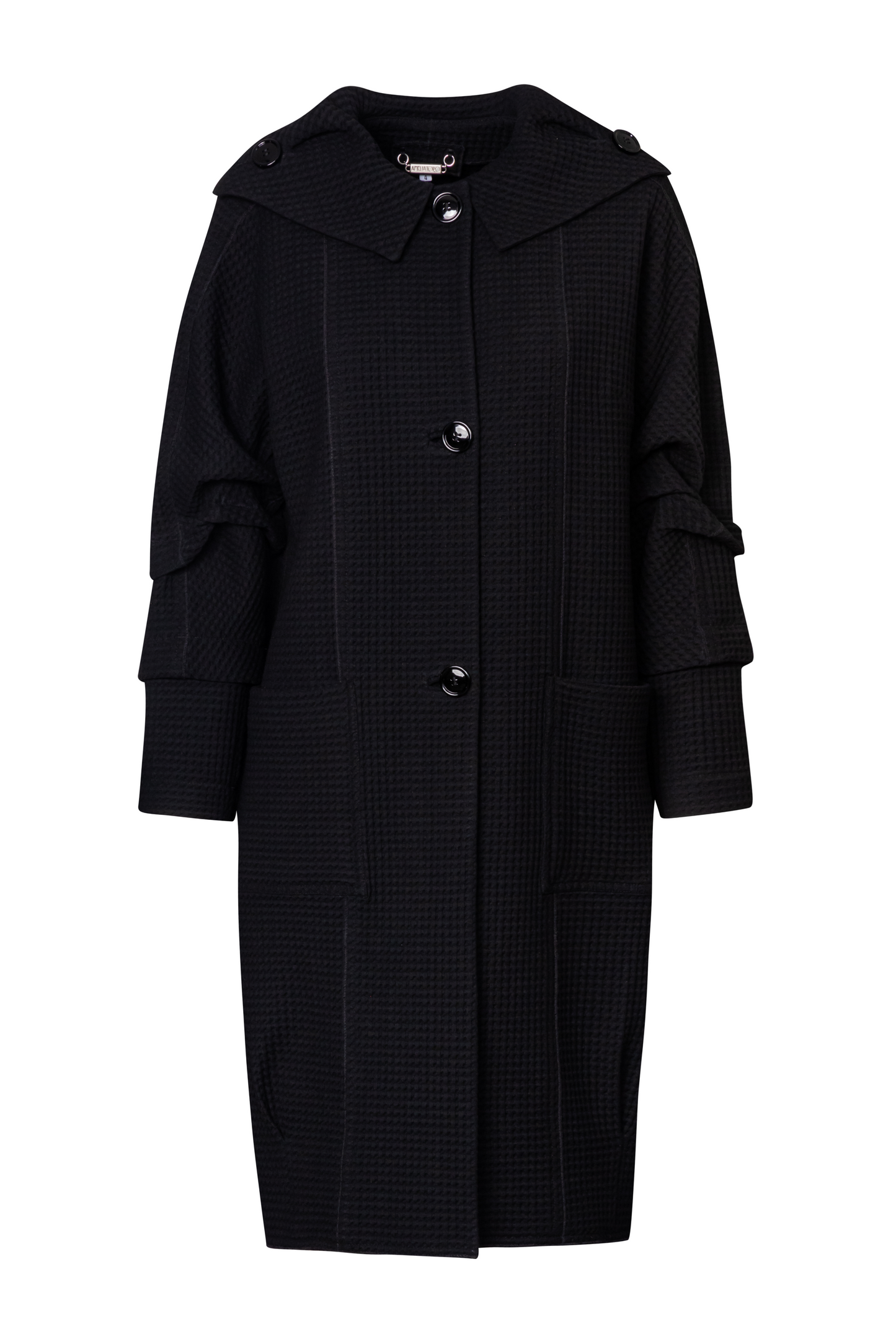 Product still of the Amelia Toro Waffle Lightweight Wool Sailor Coat in black on a white background