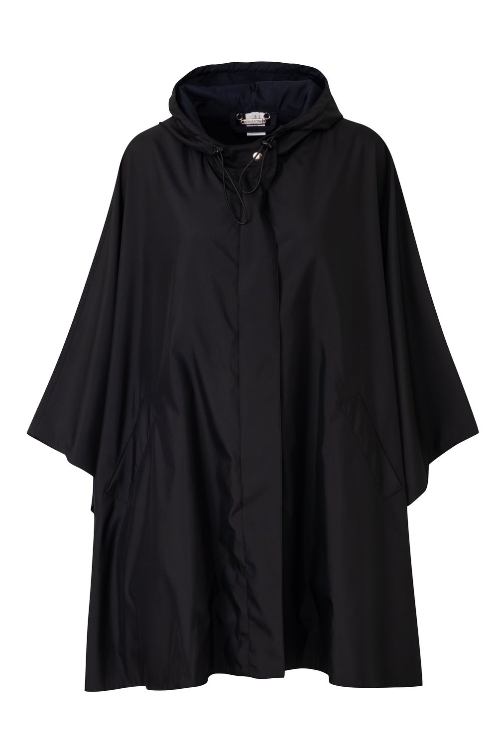 Product still of the Amelia Toro Water-Repellent Hooded Poncho in Black on a white background
