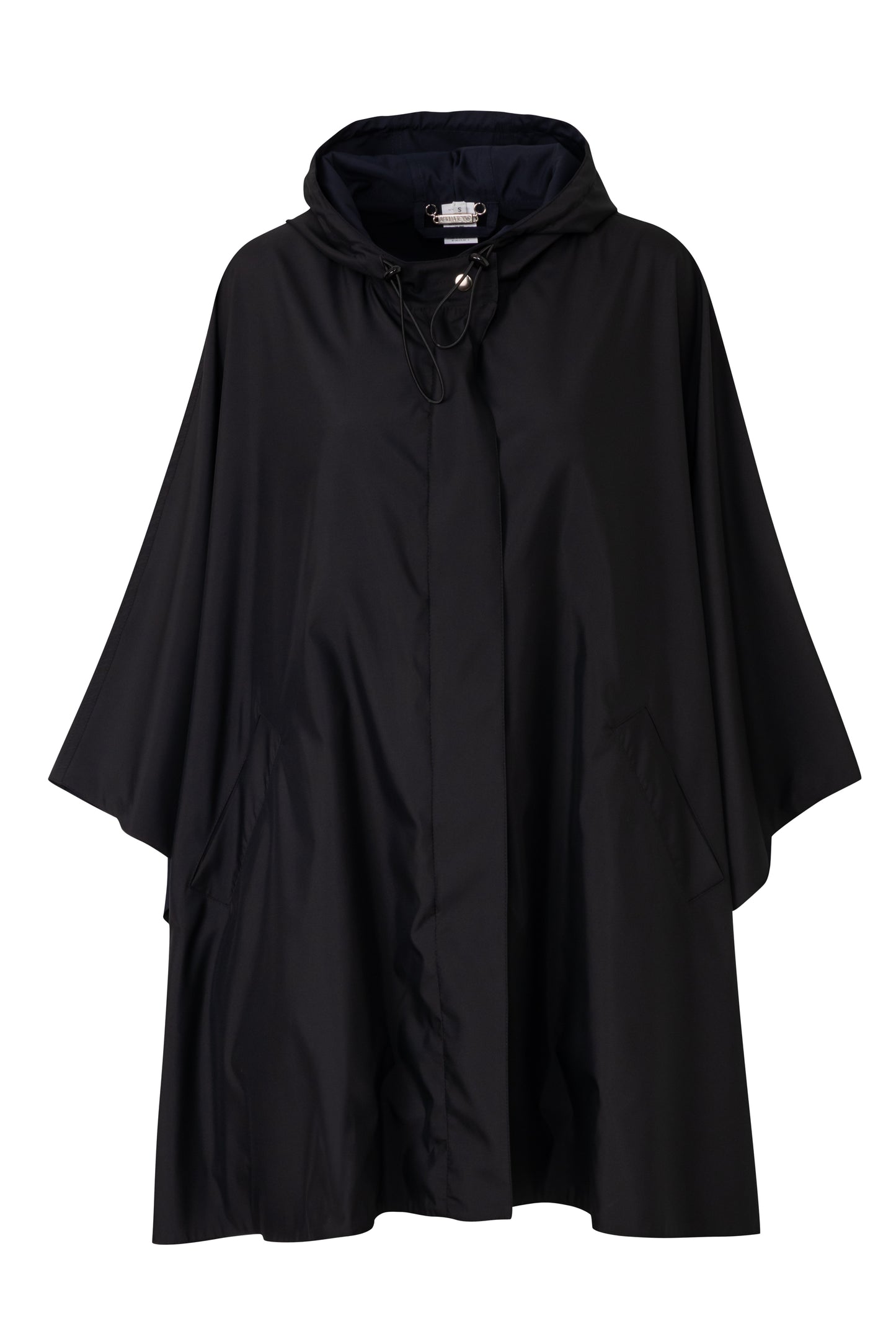 Product still of the Amelia Toro Water-Repellent Hooded Poncho in Black on a white background